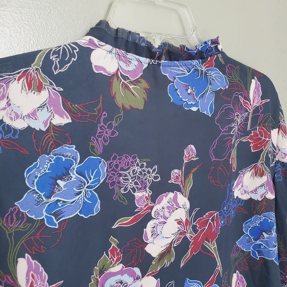 Joe Fresh Blouse Womens Size XS Blue Floral Sheer Tie Neck Sheer Top Pullover - Picture 5 of 9